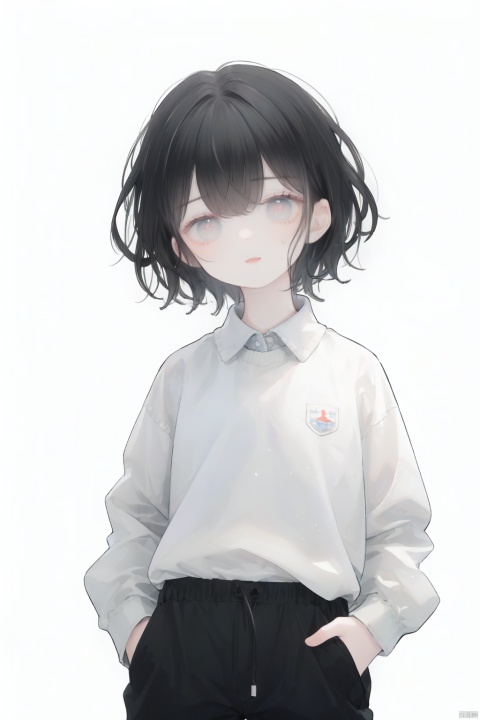 1girl, solo, looking at viewer, No bangs, (no bangs), show forehead, girl, smile, short hair, shirt, closed mouth, upper body, Sweatshirts, flaps, baggy pants, frail, collared shirt, White shirt, black jacket, sketch, head tilt, Neutral wind, Black hair, Light master, flat, decadent, black pupils, dark circles under the eyes, Deep dark circles under the eyes, simple background, Cold, 30710, backlight