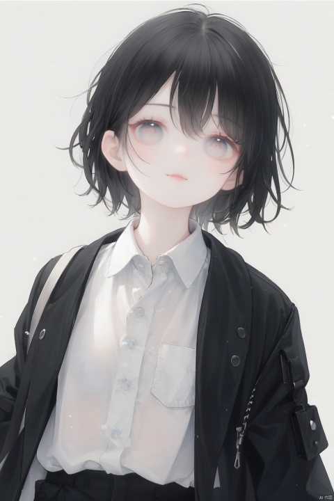 1girl, solo, looking at viewer, No bangs, (no bangs), show forehead, girl, smile, short hair, shirt, closed mouth, upper body, Sweatshirts, flaps, baggy pants, frail, collared shirt, White shirt, black jacket, sketch, head tilt, Neutral wind, Black hair, Light master, flat, decadent, black pupils, dark circles under the eyes, Deep dark circles under the eyes, simple background, Cold, 30710, backlight