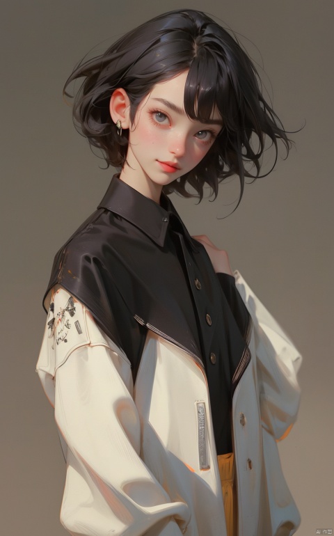 1girl, solo, looking at viewer, No bangs, (no bangs), show forehead, girl, smile, short hair, shirt, closed mouth, upper body, Sweatshirts, flaps, baggy pants, frail, collared shirt, White shirt, black jacket, sketch, head tilt, Neutral wind, Black hair, Light master, flat, decadent, black pupils, dark circles under the eyes, Deep dark circles under the eyes, simple background, Cold