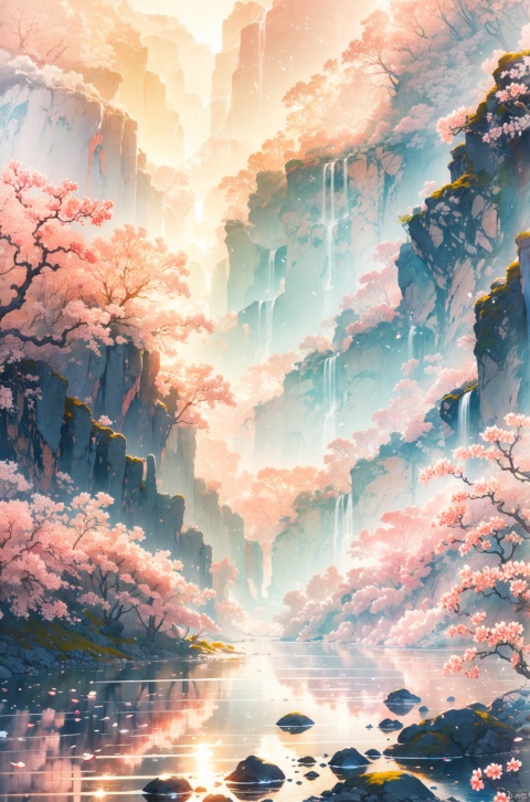  hd,8k,island,light pouring down from the top,watercolor, Hanama wine，Peach blossoms, lots of peach trees,, Chinese wind，In the middle of the picture, there is a curved stream, with peach blossoms blooming on both sides of the stream and peach petals floating in the water