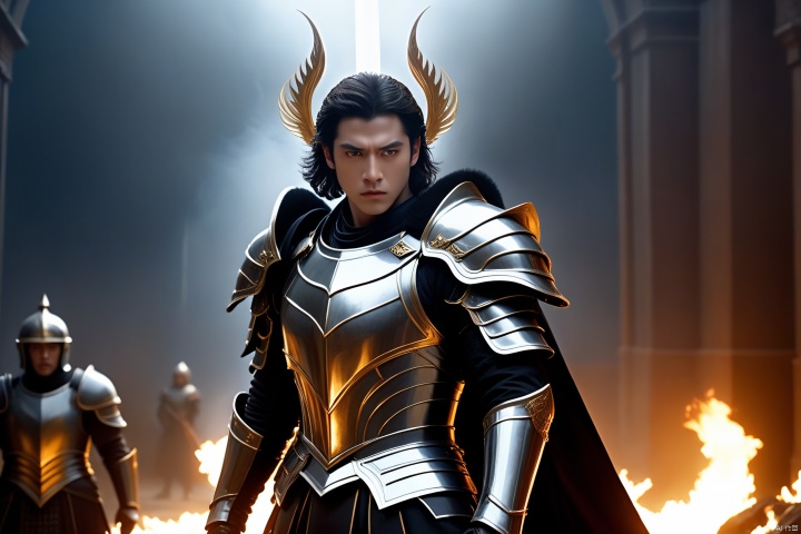 Imagine a powerful scene where a pair of young men and women in armor exude strength against a dark background, shouting loudly with angry expressions, surrounded by lightning, lightning, hair, and bodies in flames. This man is dressed in majestic black armor, wearing an imperial crown on his head, and holding the authoritative scepter tightly in his hand. Standing next to him was a woman, equally young and terrifying. Her white armor contrasted with darkness, with a cloak hanging from her shoulder and a sword in her hand. Both characters have young faces, but the stories told by their eyes do not match their appearance and age, reflecting the depth of their intelligence and endurance. The filming details and quality of this scene are very profound (best quality, 4k, 8k, high-rise building, masterpiece: 1.2), adopting a (realistic, realistic, realistic: 1.37) style, highlighting the complex design of their armor, the subtle texture of the fabric, and the bitter expression in their eyes (majestic, respectable: 1.3),