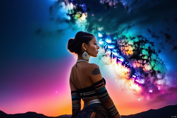 Depicting this galactic goddess with a retro punk style intensity, incorporating the influence of folk and tribal elements. Depicting her in the context of minimalism, her vibrant color palette exudes universal energy. Her figure exudes an extraordinary charm, and the Milky Way behind her is full of mystery. The vivid contrast of colors that reflect the spirit of rebellion and mysticism highlights this point even more (ethereal punk, tribal galaxy, vibrant temptation: 1.3)