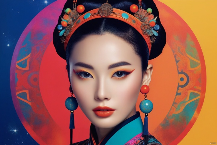 Depicting this galactic goddess (han bing) with a retro punk style intensity, incorporating the influence of folk and tribal elements. Depicting her in the context of minimalism, her vibrant color palette exudes universal energy. Her figure exudes an extraordinary charm, highlighted by the vivid contrast of colors that embody the spirit of rebellion and mysticism (ethereal punk, tribal galaxy, vibrant temptation: 1.3)