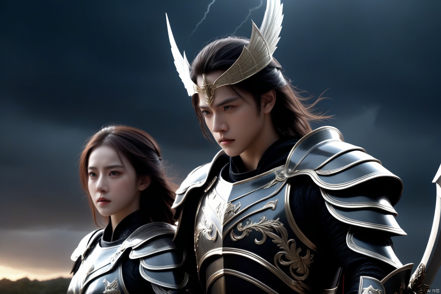 Imagine a powerful scene where a pair of young men and women in armor exude strength against a dark background, surrounded by lightning and thunder. Some ghost warriors fall one after another. This man is wearing a majestic black armor, wearing an imperial crown on his head, and holding the authoritative scepter tightly in his hand. Standing next to him was a woman, equally young and terrifying. Her white armor contrasted with darkness, and a cloak hung down from her shoulder, holding a sword in her hand. Both of these characters have young faces, but their eyes tell stories that do not match their appearance and age, reflecting the depth of their intelligence and endurance. This scene was shot with profound details and quality (best quality, 4k, 8k, high-rise building, masterpiece: 1.2), using a (realistic, photo realistic, photo realistic: 1.37) style, highlighting the complex design of their armor, the subtle texture of the fabric, and the bitter expression in their eyes (majestic, respectable: 1.3)