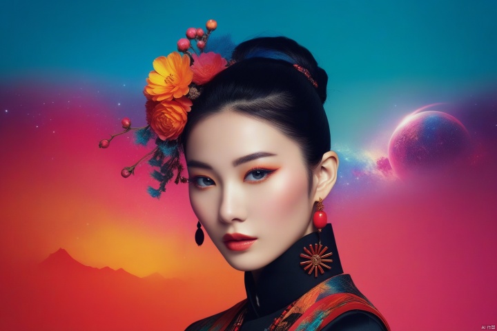 Depicting this galactic goddess (han bing) with a retro punk style intensity, incorporating the influence of folk and tribal elements. Depicting her in the context of minimalism, her vibrant color palette exudes universal energy. Her figure exudes an extraordinary charm, highlighted by the vivid contrast of colors that embody the spirit of rebellion and mysticism (ethereal punk, tribal galaxy, vibrant temptation: 1.3)