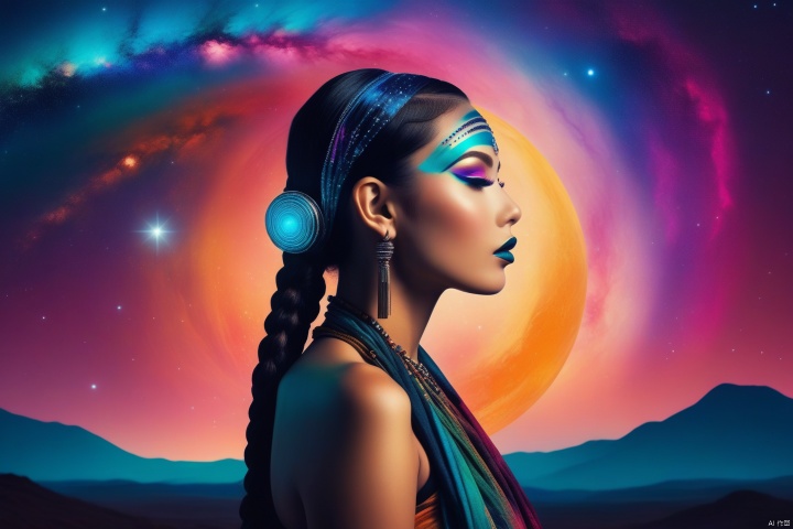 Depicting this galactic goddess with a retro punk style intensity, incorporating the influence of folk and tribal elements. Depicting her in the context of minimalism, her vibrant color palette exudes universal energy. Her figure exudes an extraordinary charm, and the Milky Way behind her is full of mystery. The vivid contrast of colors that reflect the spirit of rebellion and mysticism highlights this point even more (ethereal punk, tribal galaxy, vibrant temptation: 1.3)
