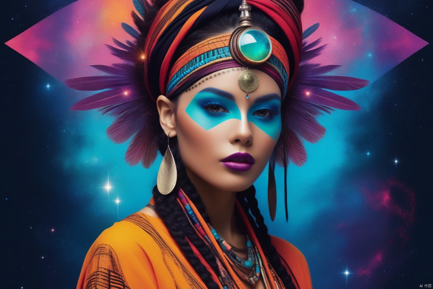 Depicting this galactic goddess with a retro punk style intensity, incorporating the influence of folk and tribal elements. Depicting her in the context of minimalism, adorned with binary sequences that contribute to the theme, vibrant color palettes, all of which emit universal energy. Her figure exudes an extraordinary charm, highlighted by the vivid contrast of colors that embody the spirit of rebellion and mysticism (ethereal punk, binary minimalism, tribal galaxy, vibrant temptation: 1.3)
