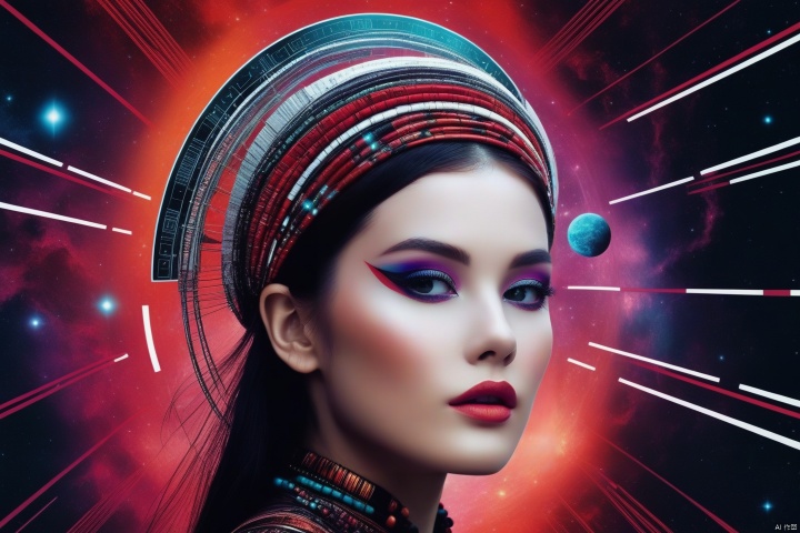When a goddess travels through a malfunctioning universe, capture her whimsical nature. Depicting this galactic goddess with a retro punk style intensity, incorporating the influence of folk and tribal elements. Depicting her in the context of minimalism, adorned with binary sequences that contribute to the theme, as well as vibrant color palettes including red, black, and white, all emitting universal energy. Her figure exudes an extraordinary charm, highlighted even more by the stark contrast between her binary background and vivid colors that embody rebellious and mystical spirit (ethereal punk, binary minimalism, tribal galaxy, vibrant temptation: 1.3)