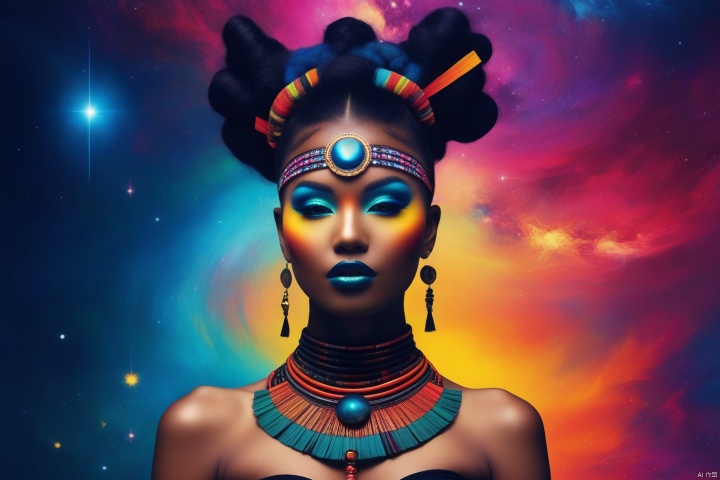 Depicting this galactic goddess with a retro punk style intensity, incorporating the influence of folk and tribal elements. Depicting her in the context of minimalism, her vibrant color palette exudes universal energy. Her figure exudes an extraordinary charm, highlighted by the vivid contrast of colors that embody the spirit of rebellion and mysticism (ethereal punk, tribal galaxy, vibrant temptation: 1.3)