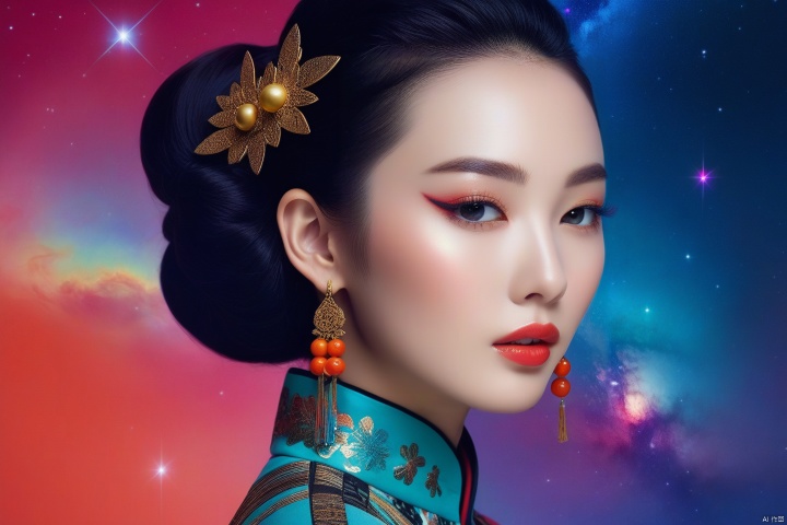Depicting this galactic goddess (han bing), with a retro punk style intensity, incorporating the influence of folk and tribal elements. Depicting her in the context of minimalism, her vibrant color palette exudes universal energy. Her figure exudes an extraordinary charm, and the Milky Way behind her is full of mystery. The vivid contrast of colors that reflect the spirit of rebellion and mysticism highlights this point even more (ethereal punk, tribal galaxy, vibrant temptation: 1.3)