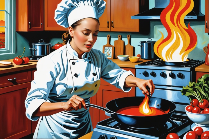 (Best quality, 4k, 8k, high-rise building, masterpiece: 1.2), ultra fine, (realistic, photo realism, photo fidelity: 1.37),
Cooking kitchen scene, a beautiful female chef with spices thrown into a boiling pot, igniting the flames of the gas stove, the interplay of ingredients and tools, vibrant colors, Impressionist style, inspired by Vincent van Gogh, inspired by Georgia O'Keeffe, mixed media collages, layered composition, vintage recipe pages, watercolor and ink collages, culinary art, energetic brushstrokes, dynamic atmosphere, delicious depictions, spontaneous creativity, vivid atmosphere, artistic fusion, culinary pleasure, flavor fusion, rich textures, expressive brushstrokes, visual feast, harmonious chaos, creative chaos, cooking techniques, artistic interpretation

