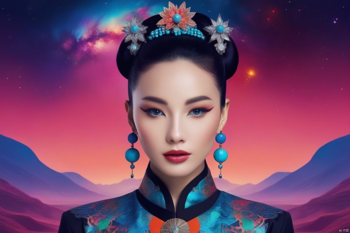 Depicting this galactic goddess (han bing),with a retro punk style intensity, incorporating the influence of folk and tribal elements. Depicting her in the context of minimalism, her vibrant color palette exudes universal energy. Her figure exudes an extraordinary charm, and the Milky Way behind her is full of mystery. The vivid contrast of colors that reflect the spirit of rebellion and mysticism highlights this point even more (ethereal punk, tribal galaxy, vibrant temptation: 1.3)
