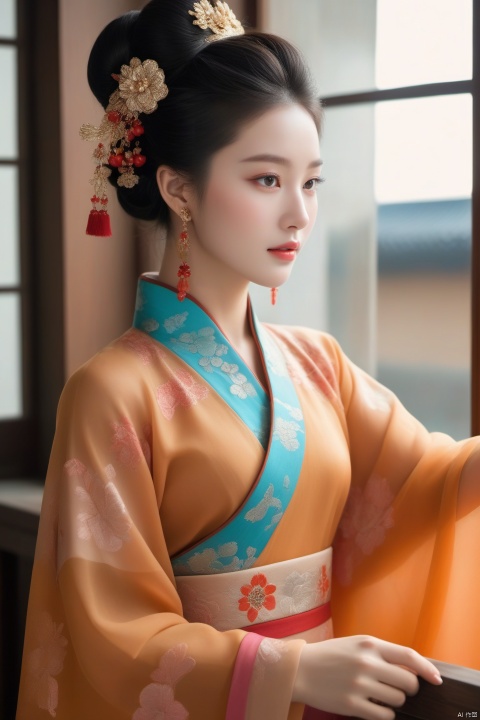 The design, texture and color are boldly mixed in the kitsch fashion picture. A young woman of the Han Dynasty, standing in front of the window with her head in a bun, powder blusher, lipstick, attractive eyes, sharp eyes, quiet and attractive smile, leans forward slightly. Her expression exudes allure, her eyes are charming, and a faint smile hangs on her lips. Create a visual feast, break design conventions, (best quality, 4k, 8k, high-rise buildings, masterpieces: 1.2), ultra fine costume art celebration, (realistic, photo realistic, photo realistic: 1.37), resonate with the global style of high-end customization, combine exotic prints with Western tailoring, blend traditional patterns with future lines, blend silk, chiffon, and metal fabrics, (secular, diverse: 1.3), tell different cultural stories of flashy hats and shoes, bold makeup and unconventional wardrobes complement each other, (innovative, international: 1.2). A dazzling array of gemstones adorns a luxurious dress, and the spotlight illuminates the combination of high-end fashion and local craftsmanship,
Filled with bright natural light, enhancing vivid colors and textures (exquisite, vibrant: 1.3)
