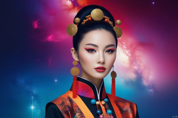 Depicting this galactic goddess (han bing),with a retro punk style intensity, incorporating the influence of folk and tribal elements. Depicting her in the context of minimalism, her vibrant color palette exudes universal energy. Her figure exudes an extraordinary charm, and the Milky Way behind her is full of mystery. The vivid contrast of colors that reflect the spirit of rebellion and mysticism highlights this point even more (ethereal punk, tribal galaxy, vibrant temptation: 1.3)
