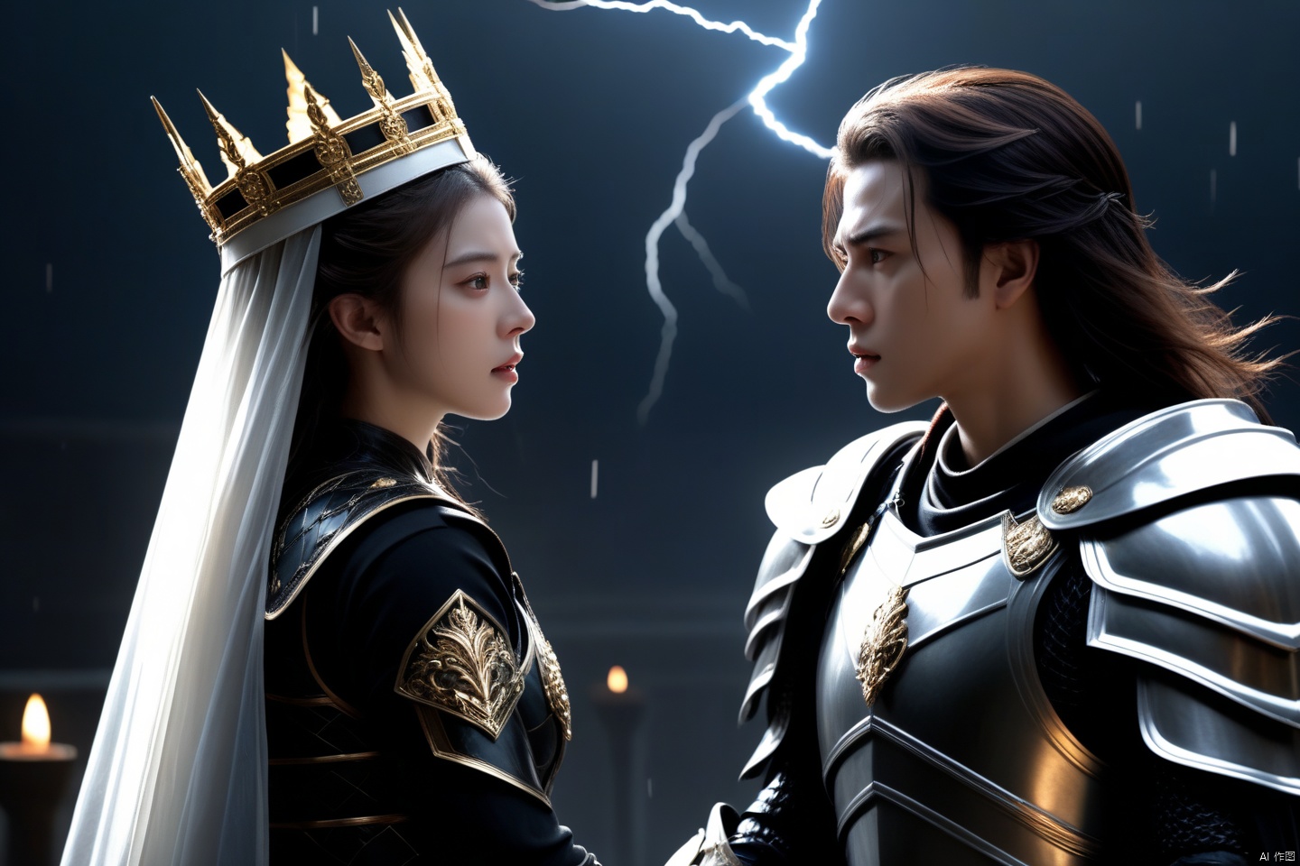 Imagine a powerful scene where a pair of young men and women in armor exude strength against a dark background, surrounded by lightning and thunder. Some ghost warriors fall one after another. This man is wearing a majestic black armor, wearing an imperial crown on his head, and holding the authoritative scepter tightly in his hand. Standing next to him was a woman, equally young and terrifying. Her white armor contrasted with darkness, and a cloak hung down from her shoulder, holding a sword in her hand. Both of these characters have young faces, but their eyes tell stories that do not match their appearance and age, reflecting the depth of their intelligence and endurance. This scene was shot with profound details and quality (best quality, 4k, 8k, high-rise building, masterpiece: 1.2), using a (realistic, photo realistic, photo realistic: 1.37) style, highlighting the complex design of their armor, the subtle texture of the fabric, and the bitter expression in their eyes (majestic, respectable: 1.3)
