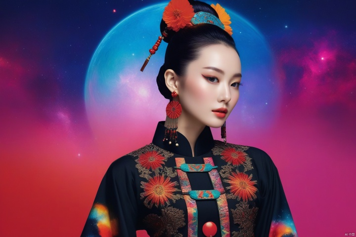 Depicting this galactic goddess (han bing) with a retro punk style intensity, incorporating the influence of folk and tribal elements. Depicting her in the context of minimalism, her vibrant color palette exudes universal energy. Her figure exudes an extraordinary charm, highlighted by the vivid contrast of colors that embody the spirit of rebellion and mysticism (ethereal punk, tribal galaxy, vibrant temptation: 1.3)