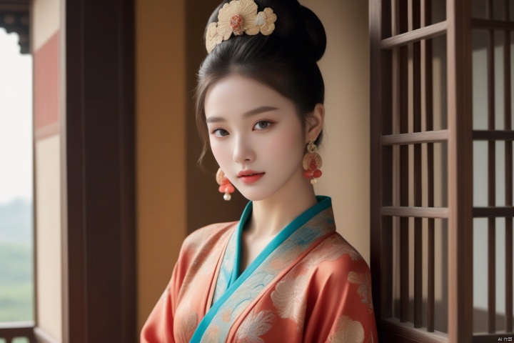 The design, texture and color are boldly mixed in the kitsch fashion picture. A young woman in the Han Dynasty, with her hair in a bun, powder blusher, lipstick, attractive eyes, sharp eyes, quiet and attractive smile, stands in front of the window, leaning forward slightly (leaning out of the window: 1.3), puts her right hand on the railing, and gently lifts the curtain with her left hand. Her expression exudes allure, her eyes are charming, and a faint smile hangs on her lips. Create a visual feast, break design conventions, (best quality, 4k, 8k, high-rise buildings, masterpieces: 1.2), ultra fine costume art celebration, (realistic, photo realistic, photo realistic: 1.37), resonate with the global style of high-end customization, combine exotic prints with Western tailoring, blend traditional patterns with future lines, blend silk, chiffon, and metal fabrics, (secular, diverse: 1.3), tell different cultural stories of flashy hats and shoes, bold makeup and unconventional wardrobes complement each other, (innovative, international: 1.2). A dazzling array of gemstones adorns a luxurious dress, and the spotlight illuminates the combination of high-end fashion and local craftsmanship,
Filled with bright natural light, enhancing vivid colors and textures (exquisite, vibrant: 1.3)

