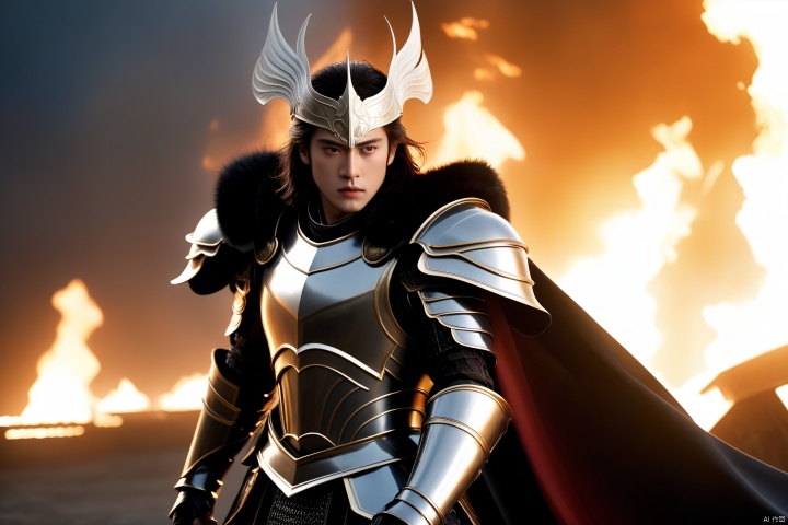 Imagine a powerful scene where a pair of young men and women in armor exude strength against a dark background, shouting loudly with their mouths open, angry expressions, and rushing movements. Surrounded by lightning, lightning, hair, and bodies in flames. This man is dressed in majestic black armor, wearing an imperial crown on his head, and holding the authoritative scepter tightly in his hand,Standing next to him was a woman, equally young and terrifying,Her white armor contrasted with darkness, with a cloak hanging from her shoulder and a sword in her hand. Both characters have young faces, but the stories told by their eyes do not match their appearance and age, reflecting the depth of their intelligence and endurance. The filming details and quality of this scene are very profound (best quality, 4k, 8k, high-rise building, masterpiece: 1.2), adopting a (realistic, realistic, realistic: 1.37) style, highlighting the complex design of their armor, the subtle texture of the fabric, and the bitter expression in their eyes (majestic, respectable: 1.3),