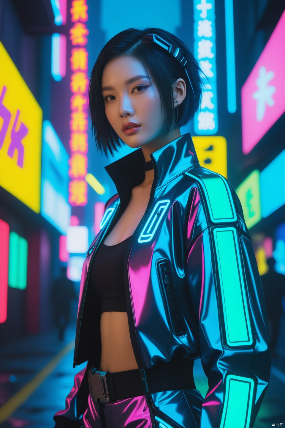 An expansive,vibrant photograph; a mysterious,chaotic blend of cyberpunk essence,a girl's (han mei) depicted fragile struggle amidst dimness and illumination,(seductive smile:0.5),boldly mixing patterns,textures,and colors in a kitsch fashion context to create a compelling visual feast,challenging conventional design boundaries. The image should portray (best quality,4k,8k,highres,masterpiece:1.2),featuring ultra-detailed elements that meld (realistic,photorealistic,photo-realistic:1.37) qualities with avant-garde fashion. Imagine a juxtaposition of a dystopian aura with tantalizing neon accents,intricate cybernetic adornments paired with lush,flamboyant fabrics,set against a backdrop of dimly lit yet radiant cityscapes,highlighting the contrasts between shadow and artificial light that define the cyberpunk genre,all while capturing the essence of dramatic,extravagant style that defies expectations,(innovative, surreal:1.3),