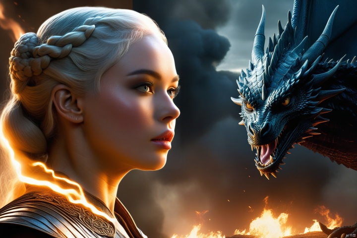 The tense image of Daenerys Targaryen, commonly known as the "Dragon Mother," in "Game of Thrones," with exaggerated expressions and dramatic gestures, reflects strength and ferocity. Behind her, a terrifying dragon spewed out a flame: 1.3, appearing particularly prominent against the dark background shrouded in smoke. The scene is full of electricity, with occasional flashes of lightning and ominous thunder. This photo showcases the epic nature of the series with vivid clarity and details (best quality, 4k, 8k, high-rise buildings, masterpiece: 1.2), as well as the depiction of (realistic, photo realistic, photo realistic: 1.37), capturing the primitive energy of fantasy and the violent atmosphere, injecting suspense and awe into the image (dramatic, uplifting: 1.3)
