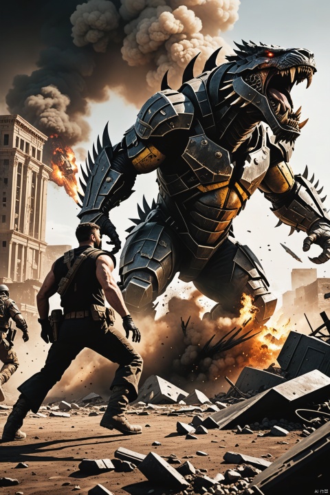 (best quality,4k,8k,highres,masterpiece:1.2),ultra-detailed,(realistic,photorealistic,photo-realistic:1.37),dramatic action scene,heroic battle,post-apocalyptic wasteland,giant monster,ruins,toxic gas,dynamic composition,vivid colors,comic book art style,utopian-inspired,dystopian elements,surreal imagery,high contrast,explosive action,epic confrontation,life-and-death struggle,heroic protagonist,massive creature,desolate landscape,apocalyptic setting,dramatic lighting,contrasting hues,chaotic atmosphere,dangerous environment,dystopian future,fierce combat,adrenaline-fueled showdown,intense confrontation,destructive force,adventure and peril,comic book aesthetic,hyper-realistic portrayal,action-packed scene
