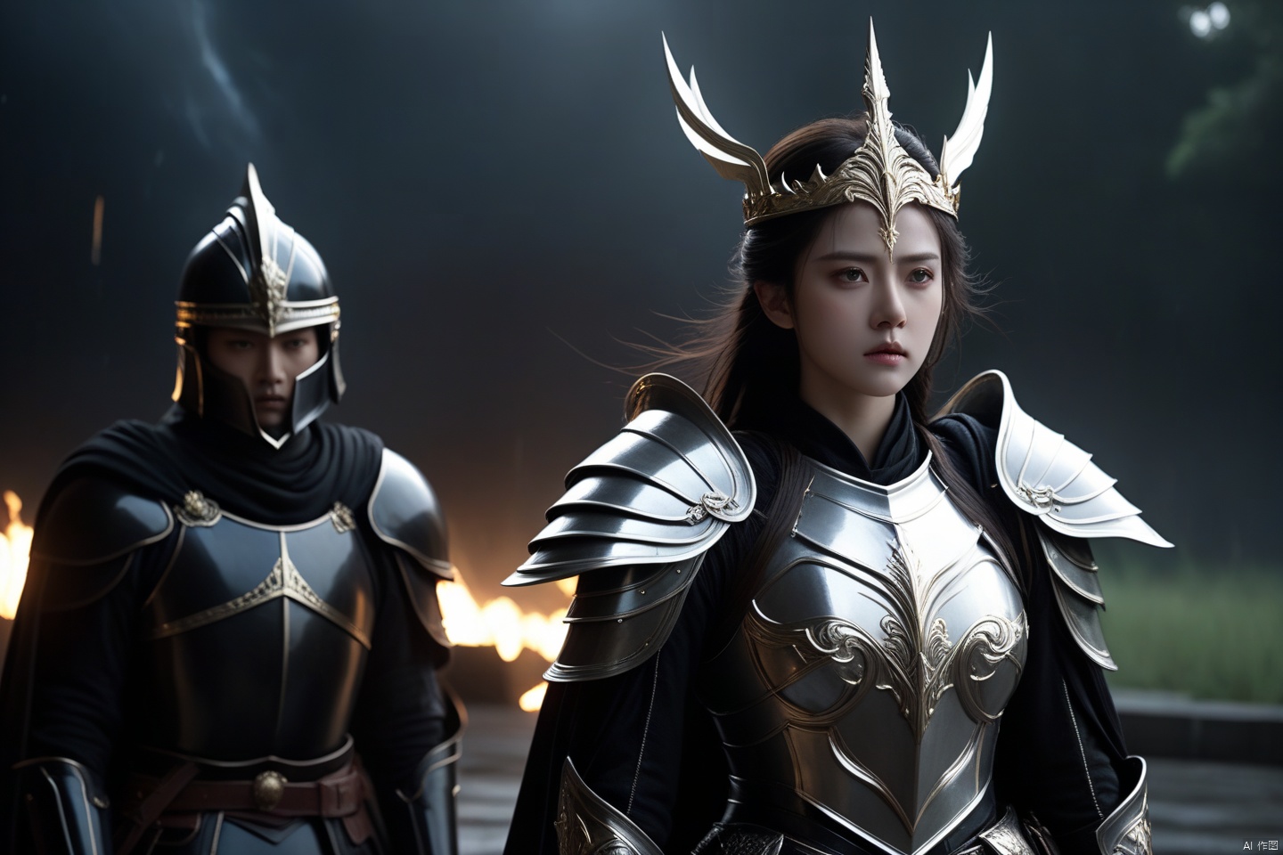 Imagine a powerful scene where a pair of young men and women in armor exude strength against a dark background, surrounded by lightning and thunder. Some ghost warriors fall one after another. This man is wearing a majestic black armor, wearing an imperial crown on his head, and holding the authoritative scepter tightly in his hand. Standing next to him was a woman, equally young and terrifying. Her white armor contrasted with darkness, and a cloak hung down from her shoulder, holding a sword in her hand. Both of these characters have young faces, but their eyes tell stories that do not match their appearance and age, reflecting the depth of their intelligence and endurance. This scene was shot with profound details and quality (best quality, 4k, 8k, high-rise building, masterpiece: 1.2), using a (realistic, photo realistic, photo realistic: 1.37) style, highlighting the complex design of their armor, the subtle texture of the fabric, and the bitter expression in their eyes (majestic, respectable: 1.3)