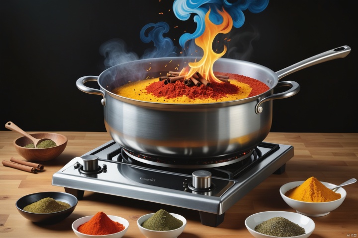 (best quality,4k,8k,highres,masterpiece:1.2),ultra-detailed,(realistic,photorealistic,photo-realistic:1.37),culinary kitchen scene,spices being thrown into boiling pot,igniting flames of gas stove,interplay of ingredients and tools,vibrant colors,impressionist style,Vincent van Gogh inspired,Georgia O'Keeffe inspired,mixed media collage,layered composition,retro recipe page,watercolor and ink collage,culinary artistry,energetic brushstrokes,dynamic atmosphere,flavorful depiction,spontaneous creativity,lively ambiance,artistic fusion,culinary delights,fusion of flavors,rich textures,expressive strokes,visual feast,harmonious chaos,creative chaos,culinary mastery,artistic interpretation


