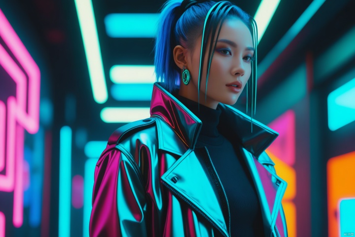 An expansive,vibrant photograph; a mysterious,chaotic blend of cyberpunk essence,a girl's depicted fragile struggle amidst dimness and illumination,boldly mixing patterns,textures,and colors in a kitsch fashion context to create a compelling visual feast,challenging conventional design boundaries. The image should portray (best quality,4k,8k,highres,masterpiece:1.2),featuring ultra-detailed elements that meld (realistic,photorealistic,photo-realistic:1.37) qualities with avant-garde fashion. Imagine a juxtaposition of a dystopian aura with tantalizing neon accents,intricate cybernetic adornments paired with lush,flamboyant fabrics,set against a backdrop of dimly lit yet radiant cityscapes,highlighting the contrasts between shadow and artificial light that define the cyberpunk genre,all while capturing the essence of dramatic,extravagant style that defies expectations,(innovative, surreal:1.3),