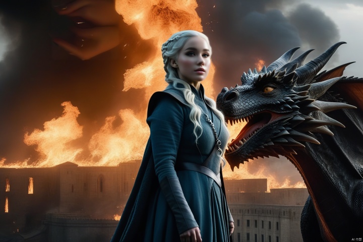 The tense image of Daenerys Targaryen, commonly known as the "Dragon Mother," in "Game of Thrones," with exaggerated expressions and dramatic gestures, reflects strength and ferocity. Behind her, a terrifying dragon spewed out a flame: 1.3, appearing particularly prominent against the dark background shrouded in smoke. The scene is full of electricity, with occasional flashes of lightning and ominous thunder. This photo showcases the epic nature of the series with vivid clarity and details (best quality, 4k, 8k, high-rise buildings, masterpiece: 1.2), as well as the depiction of (realistic, photo realistic, photo realistic: 1.37), capturing the primitive energy of fantasy and the violent atmosphere, injecting suspense and awe into the image (dramatic, uplifting: 1.3)
