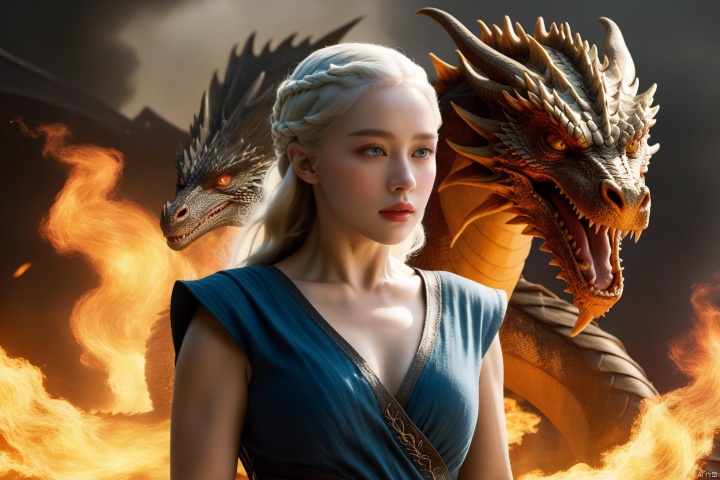 The tense image of Daenerys Targaryen, commonly known as the "Dragon Mother," in "Game of Thrones," with exaggerated expressions and dramatic gestures, reflects strength and ferocity. Behind her, a terrifying dragon spewed out a flame: 1.3, appearing particularly prominent against the dark background shrouded in smoke. The scene is full of electricity, with occasional flashes of lightning and ominous thunder. This photo showcases the epic nature of the series with vivid clarity and details (best quality, 4k, 8k, high-rise buildings, masterpiece: 1.2), as well as the depiction of (realistic, photo realistic, photo realistic: 1.37), capturing the primitive energy of fantasy and the violent atmosphere, injecting suspense and awe into the image (dramatic, uplifting: 1.3)
