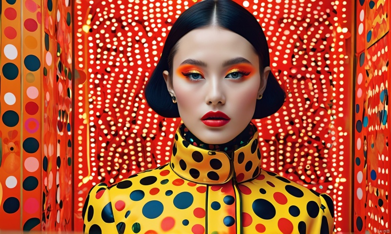 maximalist photo,bold mix of patterns,textures,and neon colors in a kitschy fashion setting,extravagant accessories,lavish outfits for a visual feast,breaking conventions of design,Yayoi Kusama and Richard Avedon inspired,(best quality,4k,8k,highres,masterpiece:1.2),ultra-detailed homage to avant-garde art,(realistic,photorealistic,photo-realistic:1.37),polka dots a la Kusama,high fashion poses reminiscent of Avedon's photography,striking color contrasts,kaleidoscopic effect,reflective surfaces with bright neon,psychedelic atmosphere,layered garments with clashing prints,jewelry that catches the light and creates reflections,(bold, daring:1.3),artfully cluttered composition,lush textiles,and surreal depths of field,