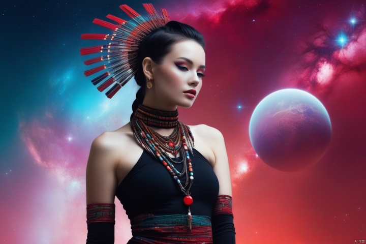 When a sexy goddess travels through a malfunctioning universe, capture her whimsical nature. Depicting this galactic goddess with a retro punk style intensity, incorporating the influence of folk and tribal elements. Depicting her in the context of minimalism, adorned with binary sequences that contribute to the theme, as well as vibrant color palettes including red, black, and white, all emitting universal energy. Her figure exudes an extraordinary charm, highlighted even more by the stark contrast between her binary background and vivid colors that embody rebellious and mystical spirit (ethereal punk, binary minimalism, tribal galaxy, vibrant temptation: 1.3)