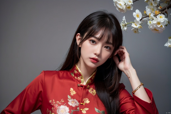  (Masterpieces,highest quality,8k,realistic hyper - detail,absurdres,), 1girl,solo,black hair,long hair,jewelry,bangs,looking at viewer,blunt bangs,grey eyes,branch,bracelet,upper body,ring,flower,lips,straight hair,hand up,closed mouth,black background,red lips,chinese clothes,beads,long sleeves,