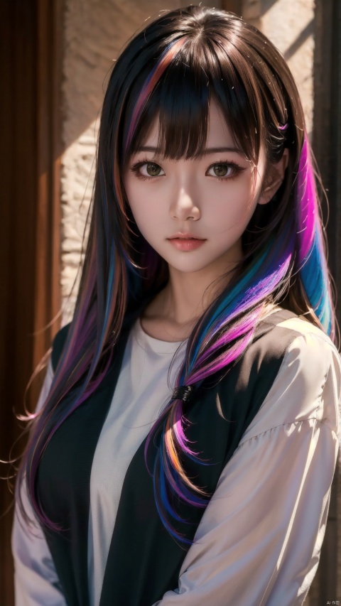  long hair,bangs,high-resolution image,natural light,Asian ethnicity,young woman,(masterpiece:1.1),(highest quality:1.1),(HDR:1),really wild hair,mane,multicolored hairlighting,(from front:0.6),