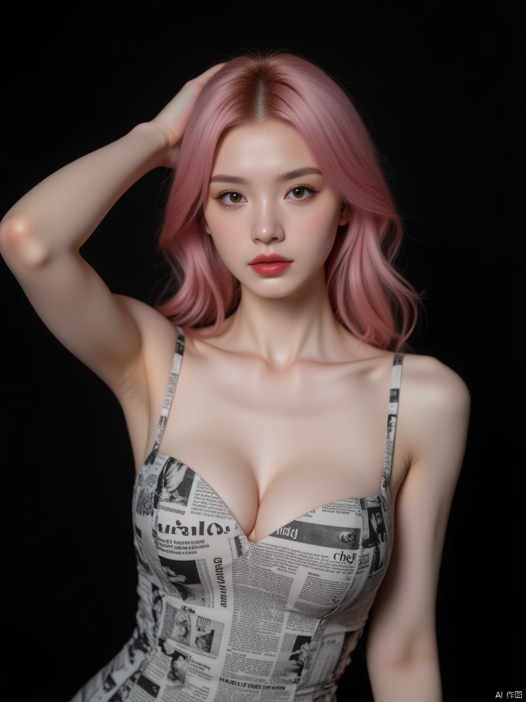 This is a high-resolution portrait of a modern style, featuring a young woman. She is wearing a tight dress printed with dense fiower pattern the pattern of which resembles a newspaper. Her hair is pink, falling over her shoulders, and she has one hand resting on the back of her head while the other hangs naturally by her side. Her eyes are fixed on the camera, and her expression is calm. She appears to be between the ages of 20 and 30, Low cut outfit, medium breast size, slim in figure, with delicate features, and fair skin. Her eyes are brown, and her lips are tinted with a subtle shade of red lipstick. Her hair falls to her shoulders, with a deep white color, styled in loose waves without bangs. The background is dark, giving a mysterious feel.,1girl