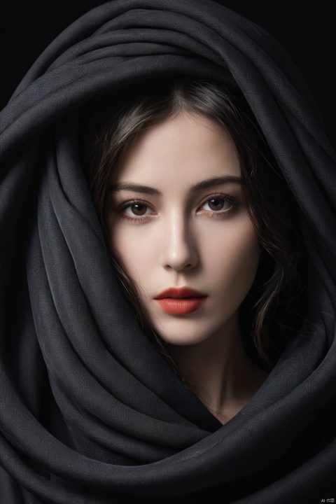  Minimalistic black background with a woman's face partially obscured in the style of flowing fabric, creating an enigmatic and mysterious atmosphere. The dark tones accentuate the dramatic effect of her lips and hair against the stark contrast between lightness and darkness in the composition. This design is perfect for conveying a sense of mystery or depth. The ultra realistic photography style accentuates the dramatic effectThis stunning image is rendered in insanely high resolution, realistic, 8k, HD, HDR, XDR, focus + sharpen + wide-angle 8K resolution + HDR10 Ken Burns effect + Adobe Lightroom + rule-of-thirds + high-detailed bark. (minimalist abstraction:1.2), (subtle gradient backdrop:1.1), (tranquil yet evocative:1.2), (conceptual portraiture:1.3), (play on perception:1.2), Canon EOS 5D Mark III, 1/160s, f/8, ISO 100, (surreal calm:1.1), (visual metaphor:1.3),