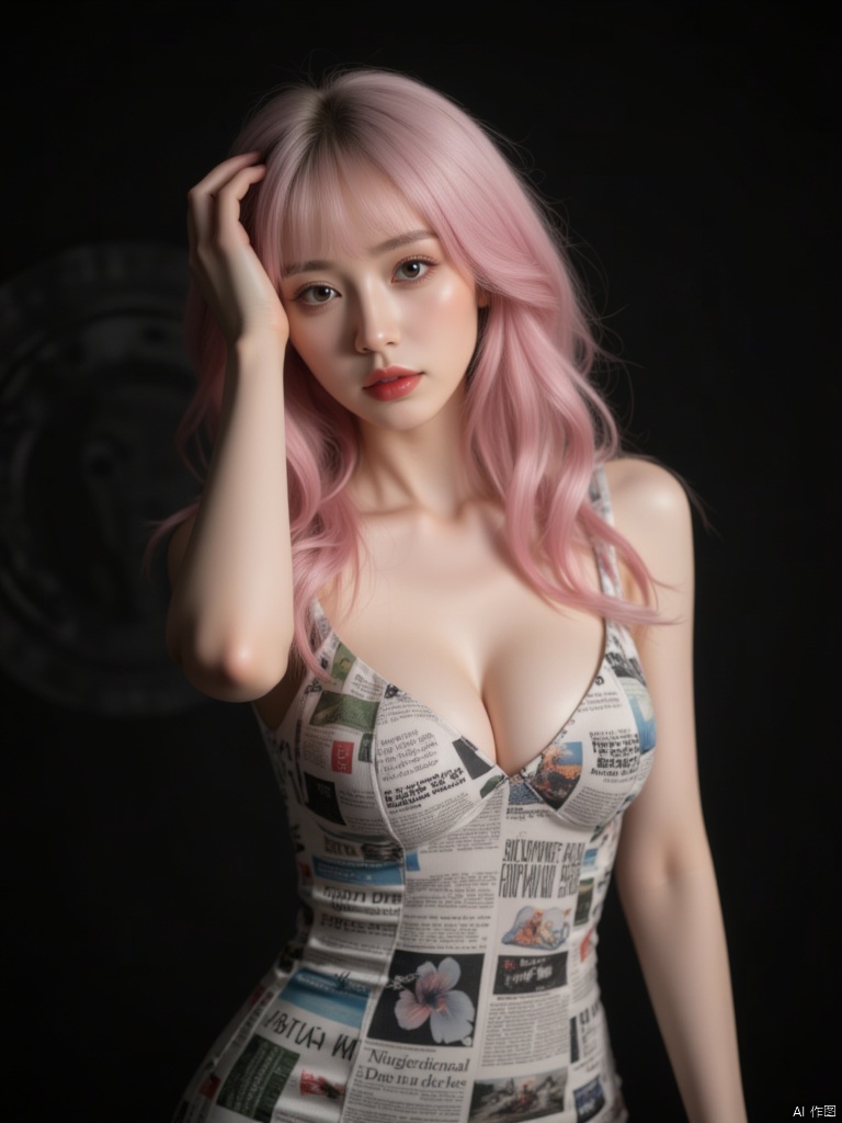 This is a high-resolution portrait of a modern style, featuring a young woman. She is wearing a tight dress printed with dense fiower pattern the pattern of which resembles a newspaper. Her hair is pink, falling over her shoulders, and she has one hand resting on the back of her head while the other hangs naturally by her side. Her eyes are fixed on the camera, and her expression is calm. She appears to be between the ages of 20 and 30, Low cut outfit, medium breast size, slim in figure, with delicate features, and fair skin. Her eyes are brown, and her lips are tinted with a subtle shade of red lipstick. Her hair falls to her shoulders, with a deep white color, styled in loose waves without bangs. The background is dark, giving a mysterious feel.,1girl