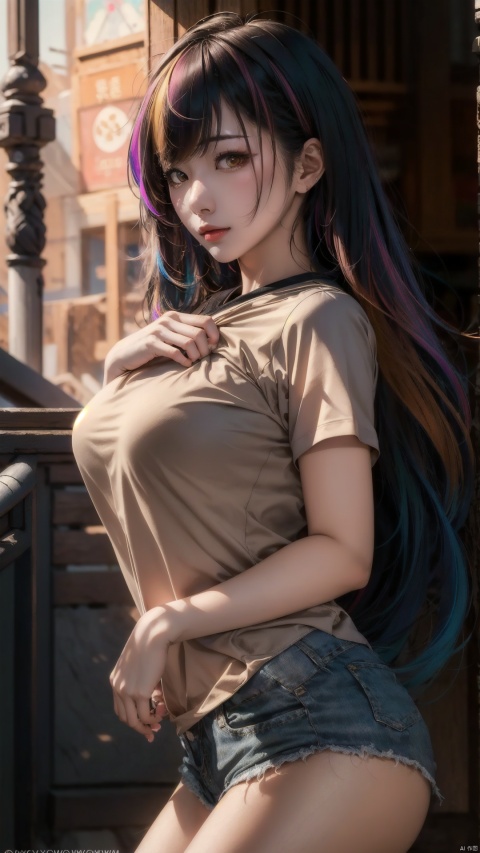  long hair,bangs,high-resolution image,natural light,Asian ethnicity,young woman,(masterpiece:1.1),(highest quality:1.1),(HDR:1),really wild hair,mane,multicolored hairlighting,(from front:0.6), BY MOONCRYPTOWOW, shirt_lift