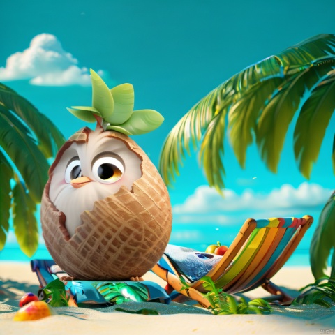  Coconut chicken,The image showcases a vibrant beach setting with a clear blue sky and white clouds. The foreground features a wooden sun lounger with a basket of colorful fruits beside it. To the right, there's a unique character, resembling a Coconut chicken with large, expressive eyes, peeking out from a woven coconut shell. The character has a green leaf on its head and is adorned with a woven crown. The overall ambiance of the image is serene and tropical, with the character adding a playful touch to the scene.