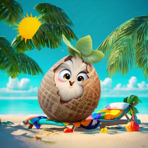  Coconut chicken,The image showcases a vibrant beach setting with a clear blue sky and white clouds. The foreground features a wooden sun lounger with a basket of colorful fruits beside it. To the right, there's a unique character, resembling a Coconut chicken with large, expressive eyes, peeking out from a woven coconut shell. The character has a green leaf on its head and is adorned with a woven crown. The overall ambiance of the image is serene and tropical, with the character adding a playful touch to the scene.