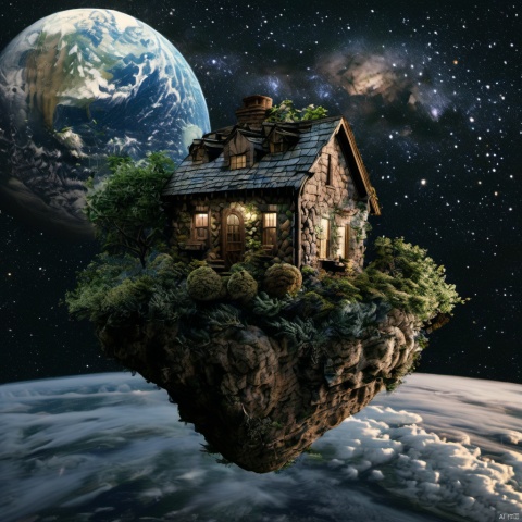 The image showcases a surreal scene where a small, rustic house is perched on a rocky outcrop in outer space. The house appears to be made of stone and has a chimney, windows, and a door. Adjacent to the house is a lush green tree. The backdrop is a breathtaking view of Earth, with its continents and oceans visible. The sky is filled with stars, and there's a nebula or galaxy in the distance. The entire scene is set against the vastness of space, with Earth being the only visible landmass.