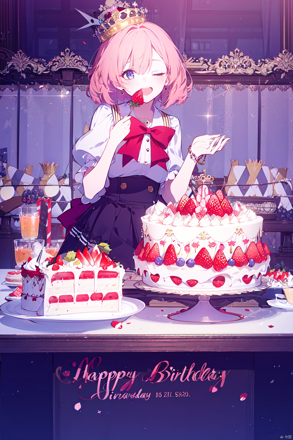 cake, jewelry, 1girl, strawberry, fruit, crown, open_mouth, skirt, food, bouquet, birthday_cake, solo, one_eye_closed