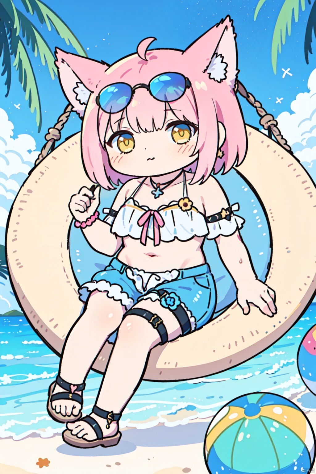 1girl, pink hair, fruit, food, eyewear on head, flower, sunglasses, watermelon, solo, sunflower, sandals, shorts, (hammock:1.3), looking at viewer, animal ears, water, yellow eyes, ball, sitting, official alternate costume, swimsuit, (pink tail:1.1), bikini, full body, cat ears, jewelry, thigh strap, beachball, masterpiece, best quality,
