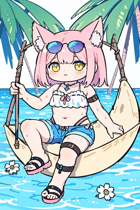 1girl, pink hair, fruit, food, eyewear on head, flower, sunglasses, watermelon, solo, sunflower, sandals, shorts, (hammock:1.3), looking at viewer, animal ears, water, yellow eyes, ball, sitting, official alternate costume, swimsuit, (pink tail:1.1), bikini, full body, cat ears, jewelry, thigh strap, beachball, masterpiece, best quality,