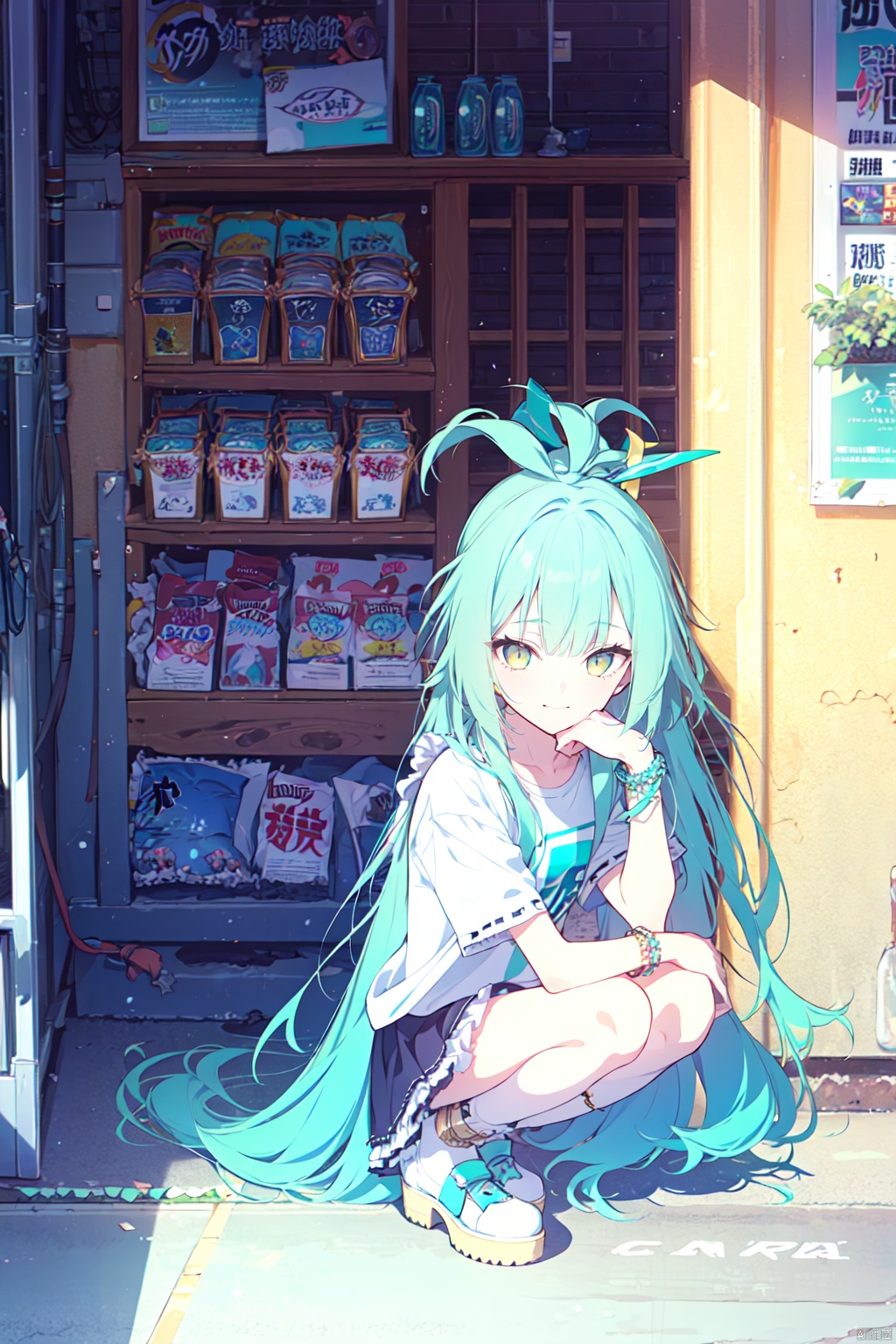 1girl, oil, *****, ：3, golden eyes, aqua hair, gradient hair, very long hair, hair intakes, blunt bangs, squatting, stare, T-shirt, frills, angelic smile, bracelet, ribbon  trim, convenience  store, castle