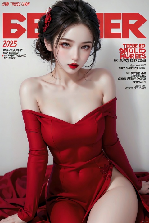  1 girl, red lips, red dress, bare shoulders, thighs, magazine, cover girl