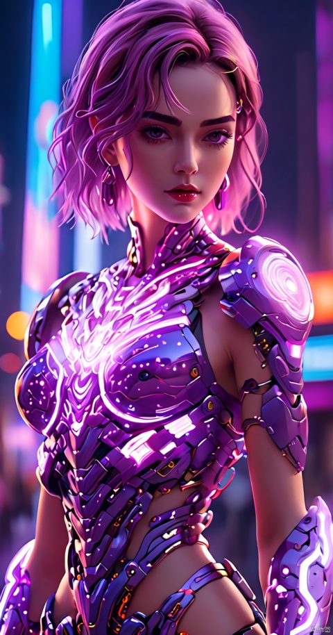 masterpiece, best quality, 8k, concept art, Thought-Provoking Aunt of Blood, intricate details, JoJo pose, Straps, Low shutter, (Violet power aura:1.2), most beautiful artwork in the world, aesthetics, atmosphere, (neon,cyborg:1.1), fantasy,1girl
