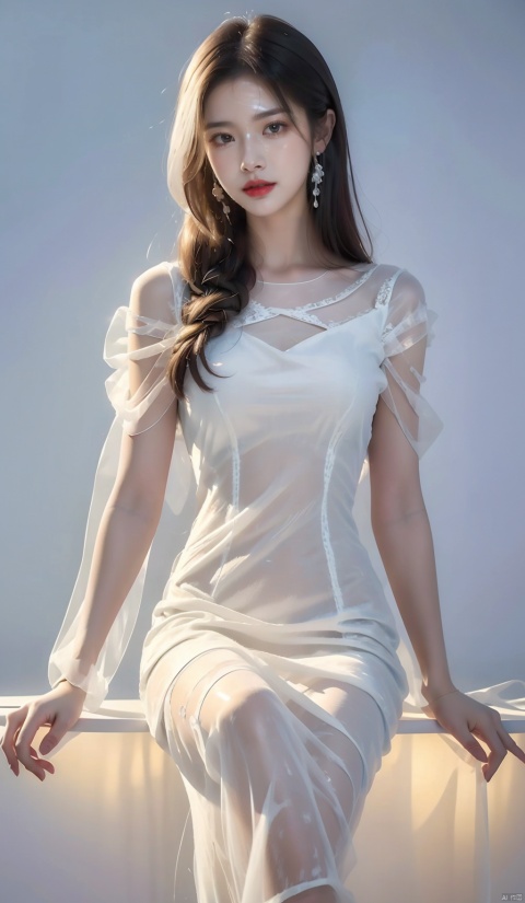  High quality, 1girl, (translucent white yarn dress: 1.5), sitting