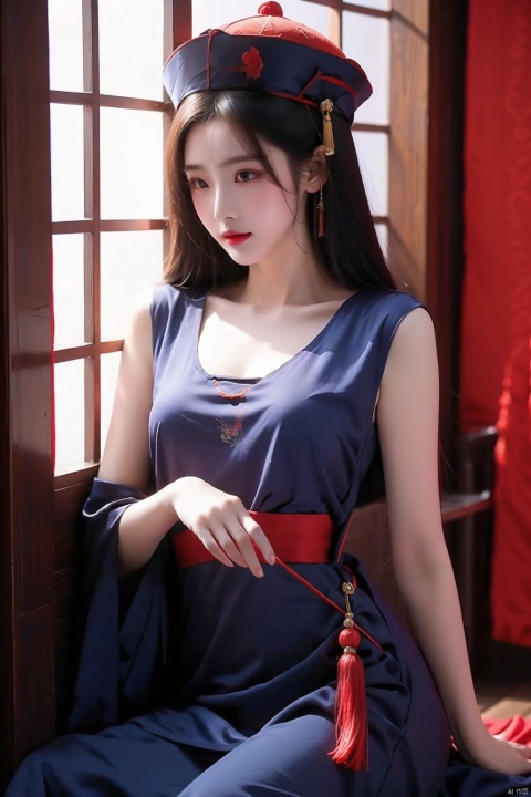  High quality, masterpiece, 1 girl,lie, jiangshi, qing_ Guanmao, no bra,breast curtains,china dress, Light master, dofas