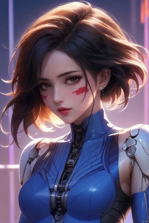 masterpiece,best quality, highly detailed, alita,1girl, solo, cyborg, upper body, signature, facepaint, lips, blue shirt, looking at viewer, single mechanical arm